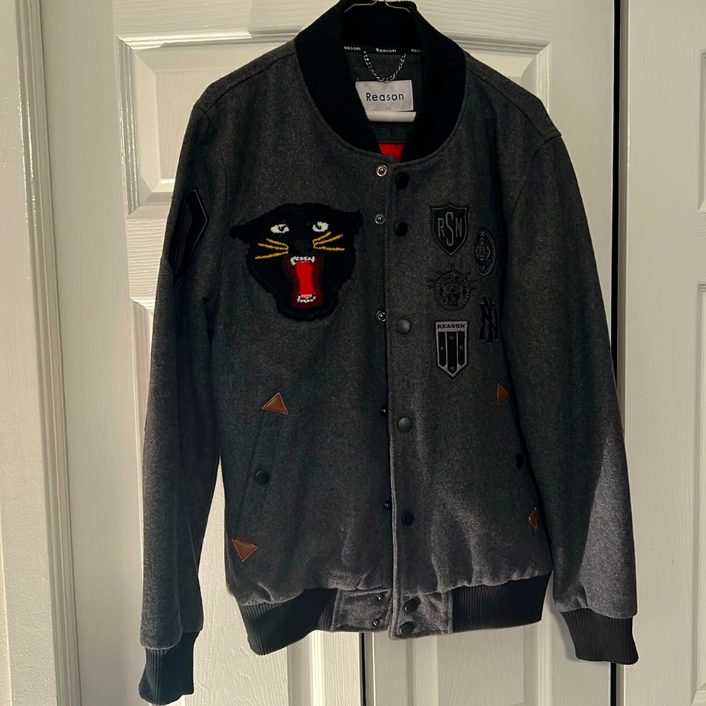 Medium Reason Varsity jacket. Charcoal Grey and Black with Panther print.